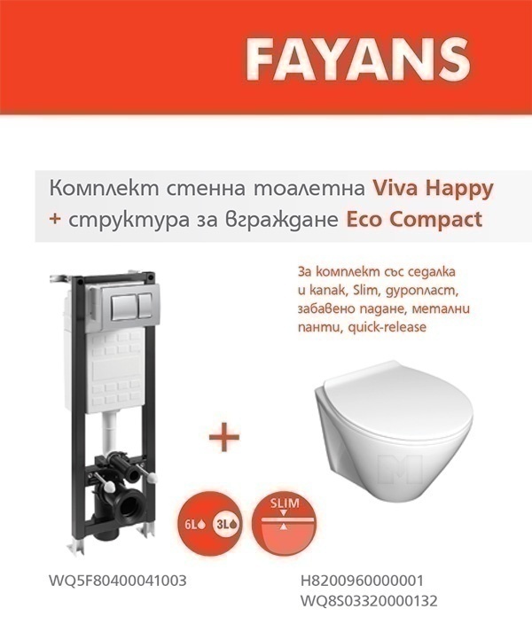 Комплект стенна тоалетна Viva Happy и структура за вграждане Eco Compact